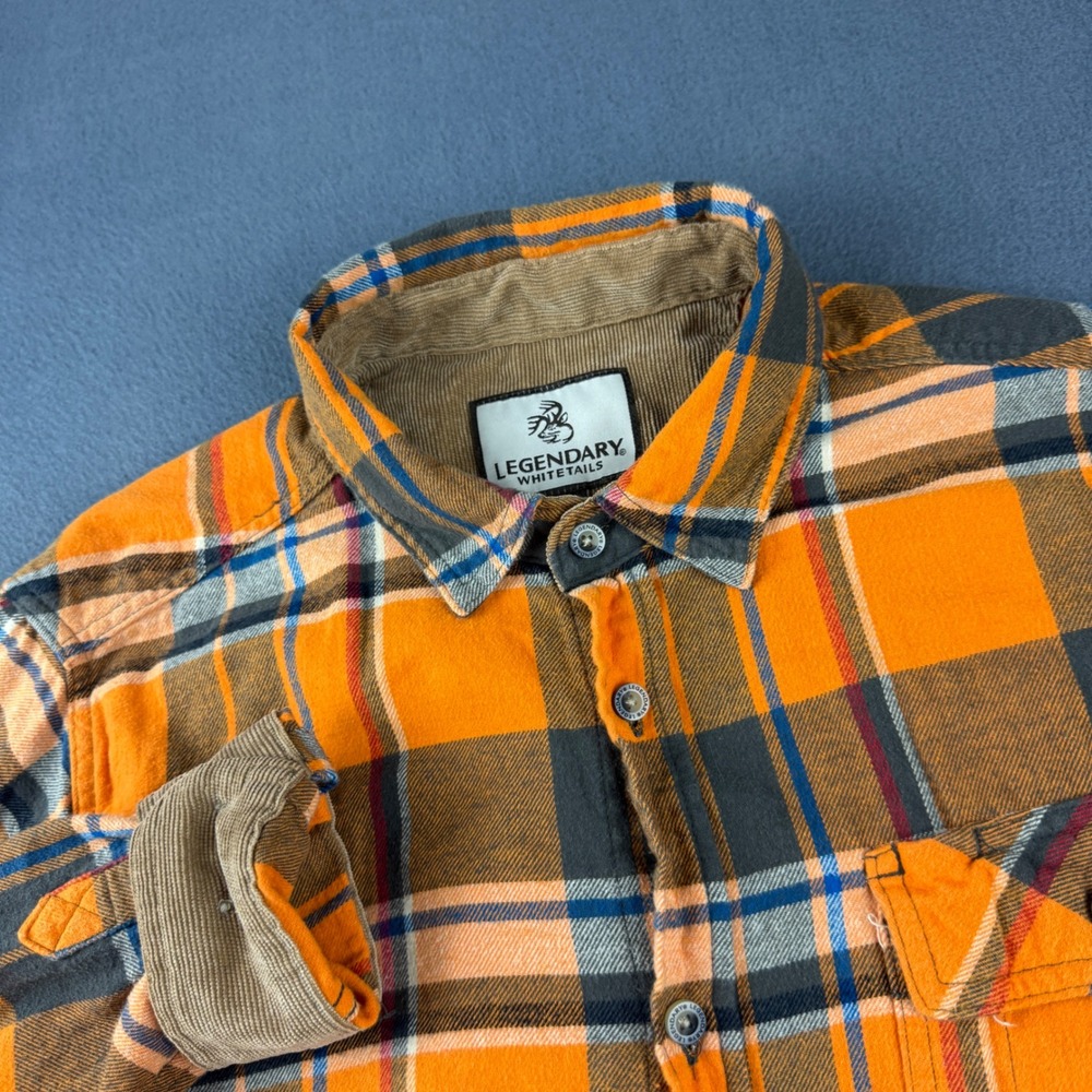Legendary Whitetails Shirt Womens M Orange Plaid Corduroy Trim Flannel Button Up